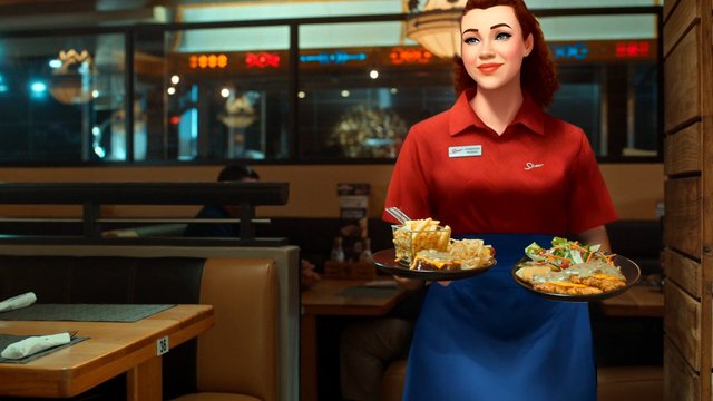 Video Reference: restaurant, server, waitress, diner, food, plated meal, salad, fries, casual dining, indoor, uniform, smiling, service, booth, ad