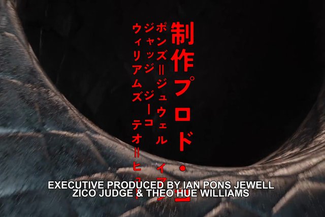 Video Reference: Japanese text, credits, title card, red text, white text, black background, abstract background, video frame, opening credits, typography
