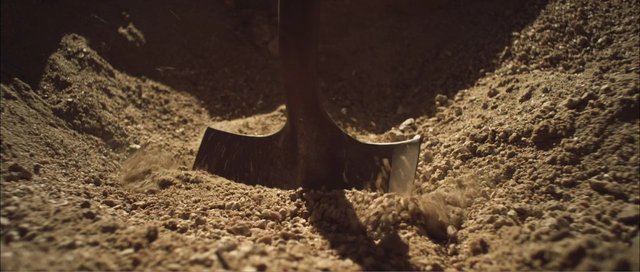 Video Reference: shovel, digging, soil, dirt, earth, ground, construction, gardening, excavation, close-up, tool, outdoors, dust, trench