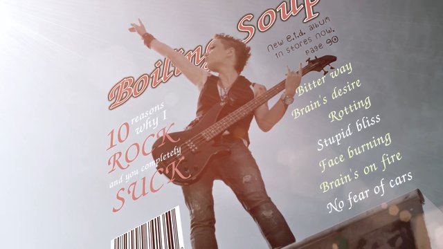 Video Reference: musician, bass guitar, rock, promotional graphic, lyrics, stage pose, text overlay, poster, concert, stylized, bright background, album art