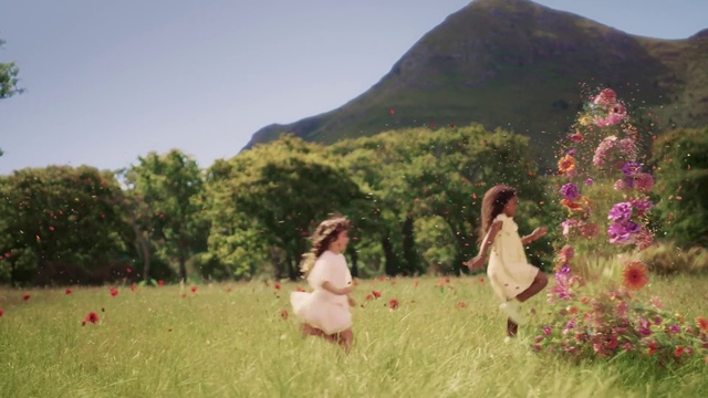 Video Reference: Plant, Sky, Flower, People in nature, Natural landscape, Happy, Tree, Grass, Mountain, Fawn