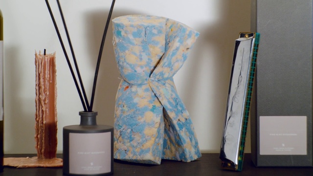 Video Reference: Shoulder, Azure, Textile, Sleeve, Dress, Interior design, One-piece garment, Floor, Material property, Flooring