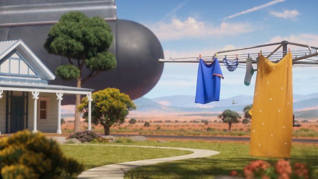 Video Reference: animated, suburban house, yard, laundry, clothesline, clothes, grass, tree, path, sky, landscape, outdoor, cartoon, village, desert, porch