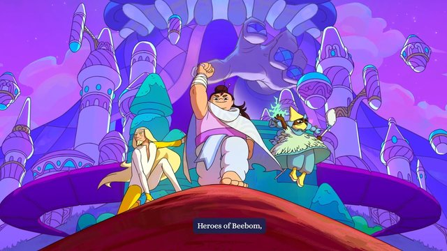 Video Reference: animation, fantasy, castle, characters, purple sky, cartoon, adventure, heroic, animated series, magical, bright colors, subtitle