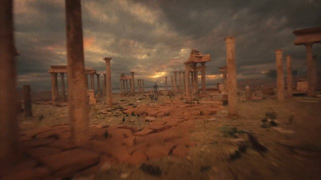 Video Reference: ruins, ancient, columns, pillars, sunset, dramatic sky, landscape, wilderness, solitary figure, cinematic, fantasy, desolation, stone, temple ruins, wide shot