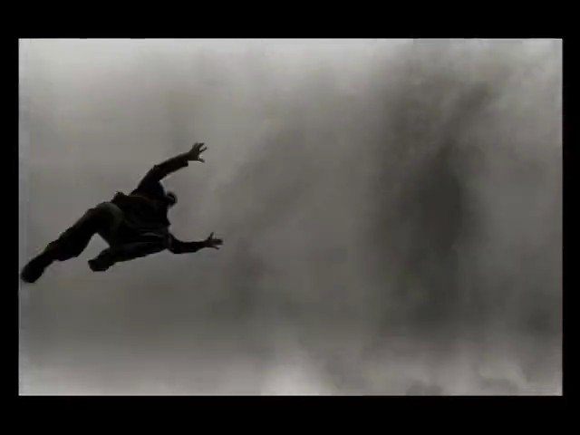 Video Reference: person, falling, floating, silhouette, smoke, dust, gray background, action, motion, dramatic, abstract, outdoors