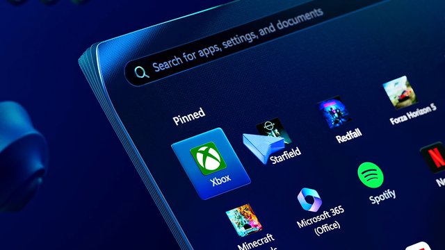 Video Reference: app launcher, search bar, pinned apps, Xbox, Starfield, Redfall, Forza Horizon 5, Spotify, Microsoft 365, Minecraft, gaming, software, dark theme, interface, tablet, desktop