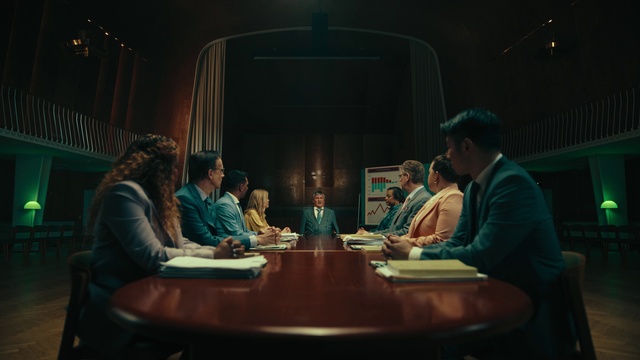 Video Reference: Table, Coat, Chair, Suit, Event, Curtain, Darkness, Sitting, Conversation, Hat