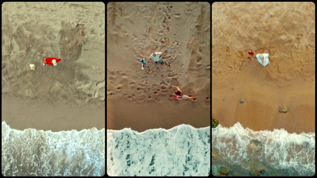 Video Reference: aerial, beach, shoreline, waves, sand, ocean, top down, people, travel, coast, seascape, surf, nature, summer, triptych, vertical