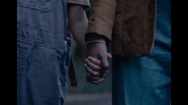 Video Reference: holding hands, couple, relationship, close-up, outdoors, torsos, arms, jeans, jacket, connection, intimacy, walking, soft focus