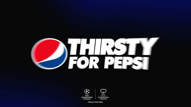 Video Reference: Pepsi, logo, brand, advertisement, title card, dark background, sports sponsorship, UEFA Champions League, text, graphic design, commercial, promo
