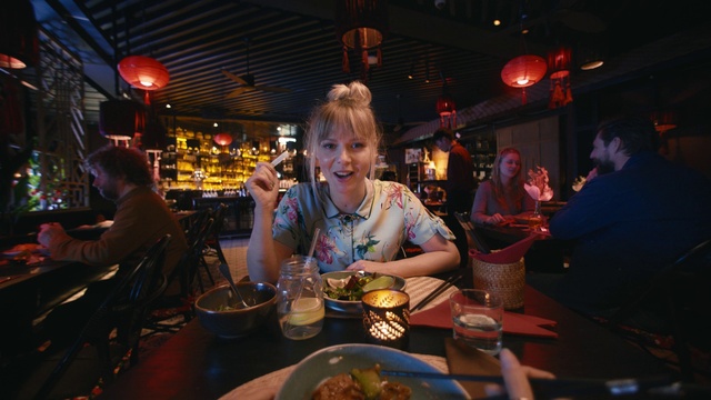 Video Reference: Tableware, Food, Table, Smile, Drinkware, Chair, Barware, Drink, Leisure, Plate