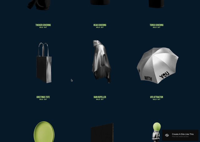 Video Reference: webpage, product gallery, 3D render, tote bag, hooded garment, umbrella, sold out, dark background, minimal design, shopping, digital art, menu, ecommerce, cursor, advertisement