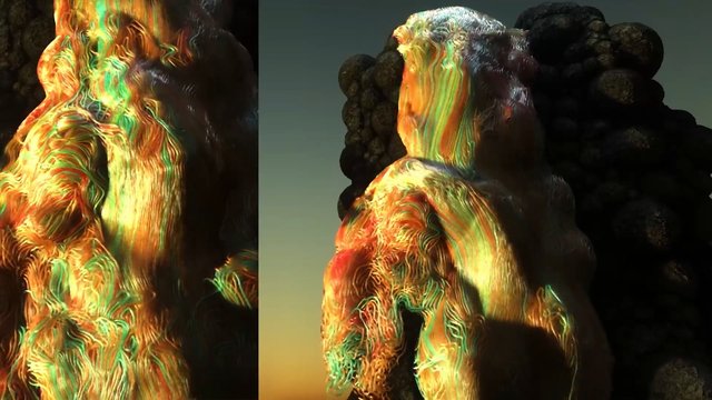 Video Reference: abstract, 3d render, glowing, multicolor, rock formation, organic texture, surreal, digital art, fantasy, sculpture, gradient sky, dark background, light trails, close-up, texture, artwork