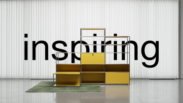 Video Reference: interior, shelving, modular furniture, yellow, metal frame, modern design, minimalist, wall text, inspiring, showroom, contemporary, decor, indoor, empty room