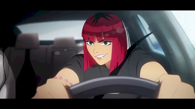 Video Reference: Cartoon, Automotive design, Gesture, Black hair, Art, Vehicle door, Magenta, Carmine, Fictional character, Cg artwork