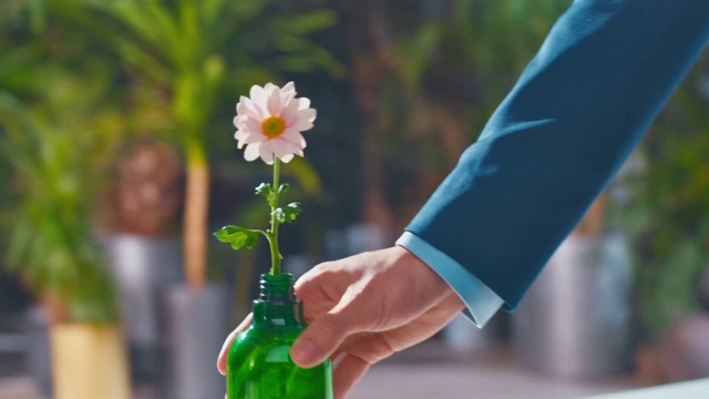 Video Reference: Flower, Plant, Bottle, People in nature, Gesture, Petal, Finger, Street fashion, Happy, Red