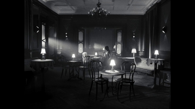 Video Reference: Furniture, Table, Chair, Building, Black-and-white, Interior design, Flash photography, Grey, Style, Couch