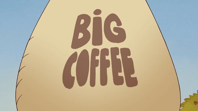 Video Reference: cartoon, text, big coffee, close-up, illustration, blue background, tan surface, signage, animated, title card
