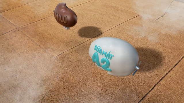 Video Reference: balloon, candy, floating, 3D animation, textured ground, sunlight, shadows, white object, brown object, outdoor, desert, toy-like, close-up, cartoon
