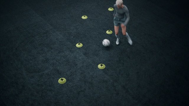 Video Reference: soccer, football, dribbling, training, agility, drills, athlete, sports, overhead, ball, fitness, practice, cones, indoor, action, motion