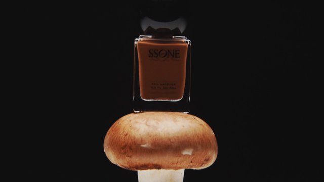 Video Reference: nail polish, nail lacquer, cosmetic bottle, mushroom, product shot, still life, black background, minimalist, centered, studio lighting