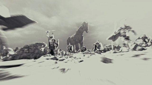 Video Reference: battle, warriors, armor, medieval, wooden horse, action, fantasy, army, rocky terrain, epic, motion blur, monochrome, landscape, siege, ancient