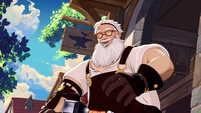Video Reference: animated, elderly man, beard, glasses, low angle, outdoor, wooden building, sky, clouds, trees, fantasy, character art, close-up, cartoon