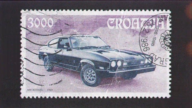 Video Reference: postage stamp, vintage car, car illustration, croatia, cancelled mail, philately, collector item, printed paper, vehicle, close-up, retro design