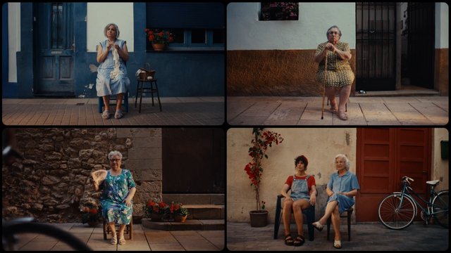 Video Reference: collage, older women, outdoor, street, facade, chair, cane, flowers, bicycle, portrait, vintage, residential, daylight, urban, neighborhood, seated