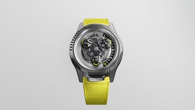 Video Reference: watch, wristwatch, luxury, timepiece, mechanical, analog, yellow strap, product shot, isolated, white background, close-up, fashion accessory, silver case, dial, elegant, premium