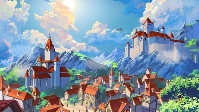 Video Reference: fantasy, medieval, village, castle, mountains, illustration, landscape, clouds, sky, red roofs, town, animated, storybook, valley, architecture, scenic