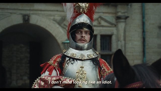 Video Reference: medieval, armor, knight, costume, helmet, courtyard, period drama, historical, man, close-up, subtitles, film still