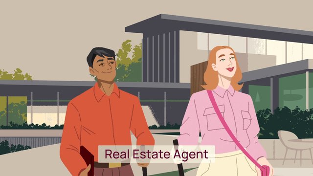 Video Reference: illustration, two people, outdoors, modern building, real estate, agent, business, property, architecture, portrait, urban, office exterior