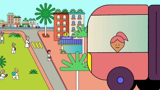 Video Reference: Cartoon, Wheel, Motor vehicle, Sharing, Organism, Mode of transport, Line, Plant, Red, Tire