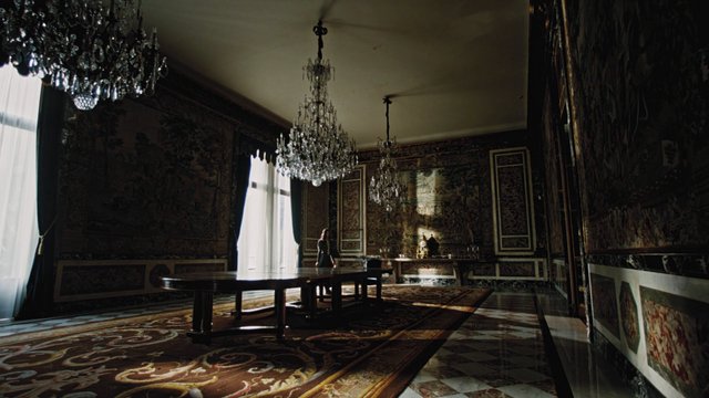 Video Reference: ornate room, interior, chandelier, luxury, tapestry, historic decor, grand hall, table, patterned floor, dim light, elegant, mansion, wide shot, architecture, indoor, solitary person