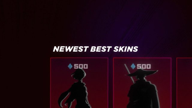 Video Reference: video game, game menu, skins, store, character silhouettes, dark background, purple lighting, ui, pricing, fantasy, menu screen, in-game shop