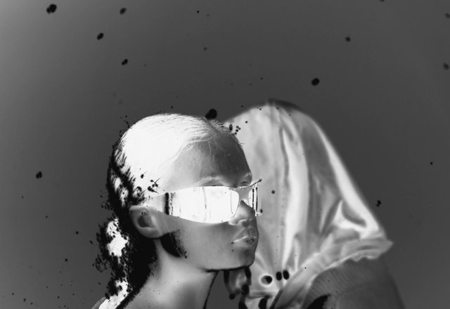 Video Reference: abstract, portrait, black and white, double exposure, surreal, reflective glasses, person, fashion, digital art, experimental, high contrast, profile, ink splatter, glitch, minimal background