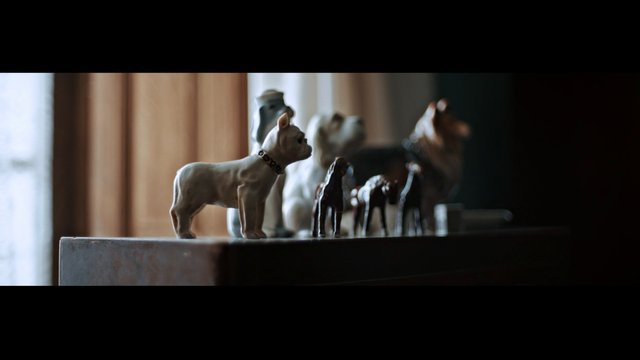 Video Reference: figurines, dog, toy, shelf, indoor, shallow depth of field, close-up, still life, window light, decor, miniatures, blurred background
