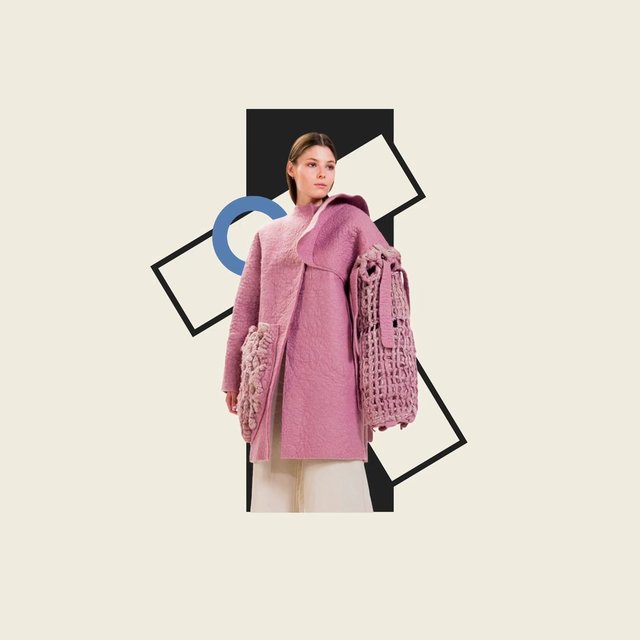 Video Reference: fashion, model, pink coat, textured clothing, knit bag, studio, minimal background, editorial, runway style, geometric graphic, winter wear, female model, outfit, accessories