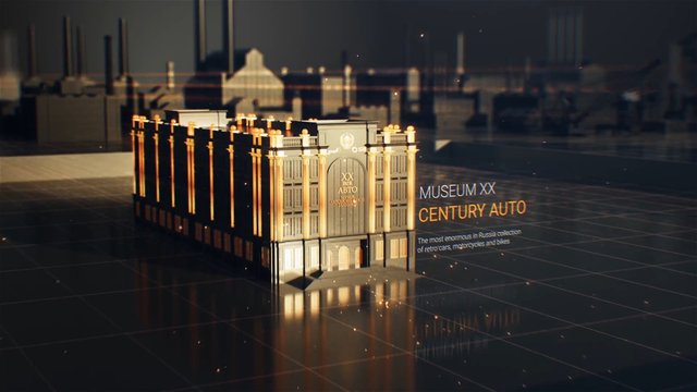 Video Reference: 3d render, museum, building model, architecture, retro cars, automotive, presentation, dark background, reflection, title text, exhibit, isometric, industrial, glowing, digital animation