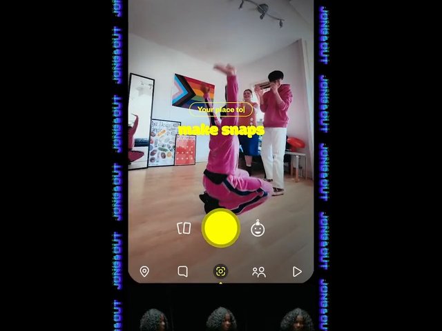 Video Reference: dance, indoor, living room, people, phone app, camera interface, social media, portrait format, wall art, mirror, wood floor, party, snap, video frame