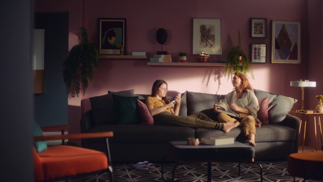 Video Reference: Picture frame, Furniture, Plant, Couch, Comfort, Table, Building, Purple, Houseplant, studio couch