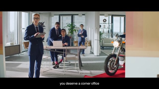 Video Reference: office, business, meeting, suits, laptop, motorcycle, modern interior, corporate, teamwork, workspace, bright, commercial, subtitle, indoor, professional
