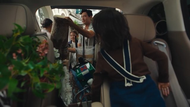 Video Reference: car interior, people, loading, plants, bags, SUV, urban, transportation, family, moving, rear view, open trunk, street, daytime