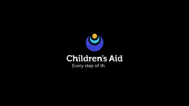 Video Reference: logo, charity, nonprofit, children, text, black background, title card, branding, centered, minimal, graphic