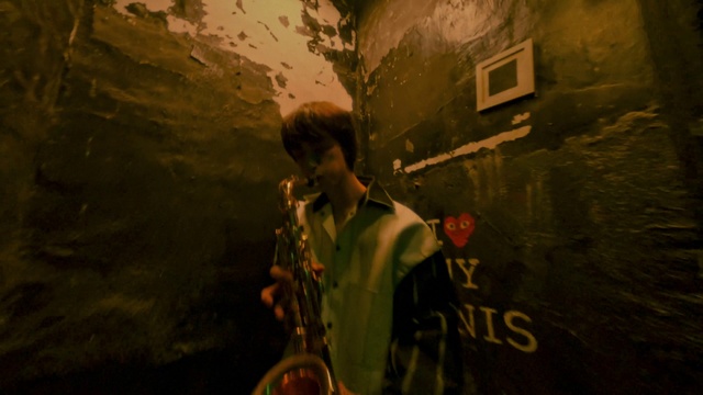 Video Reference: Musical instrument, Flash photography, Saxophonist, Saxophone, Reed instrument, Musician, Wall, Music, Art, Tints and shades