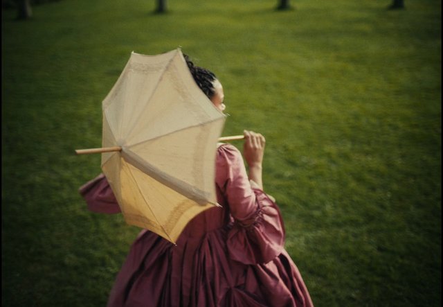 Video Reference: person, woman, parasol, umbrella, pink dress, outdoors, grass, walking, portrait, blurred background, summer, garden, fashion, motion blur
