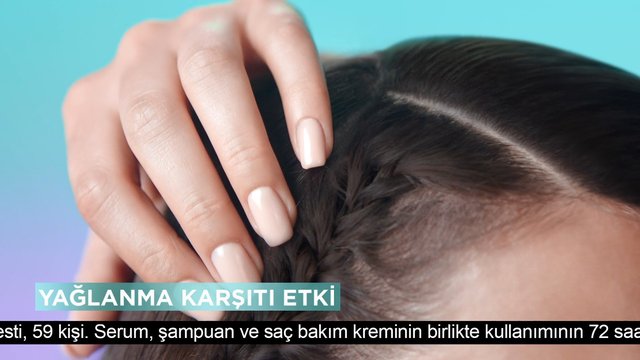 Video Reference: close-up, hand, manicure, braided hair, dark hair, hair care, beauty, cosmetic, blue background, turkish text, advertisement, scalp, female hand, salon, product promo