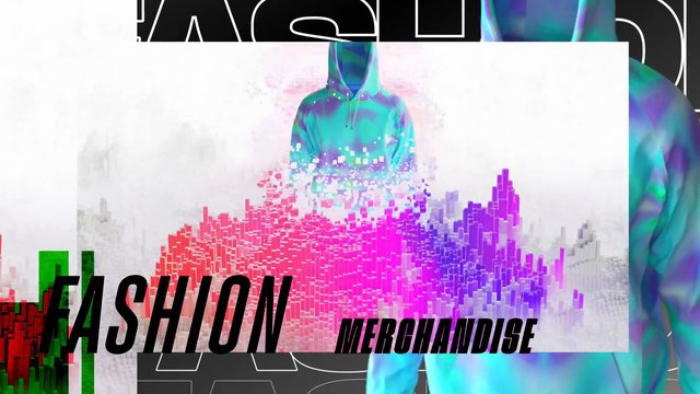 Video Reference: fashion, merchandise, hoodie, hooded figure, abstract, digital art, glitch, pixel art, colorful, typography, graphic design, modern, trend, poster, minimal background, streetwear